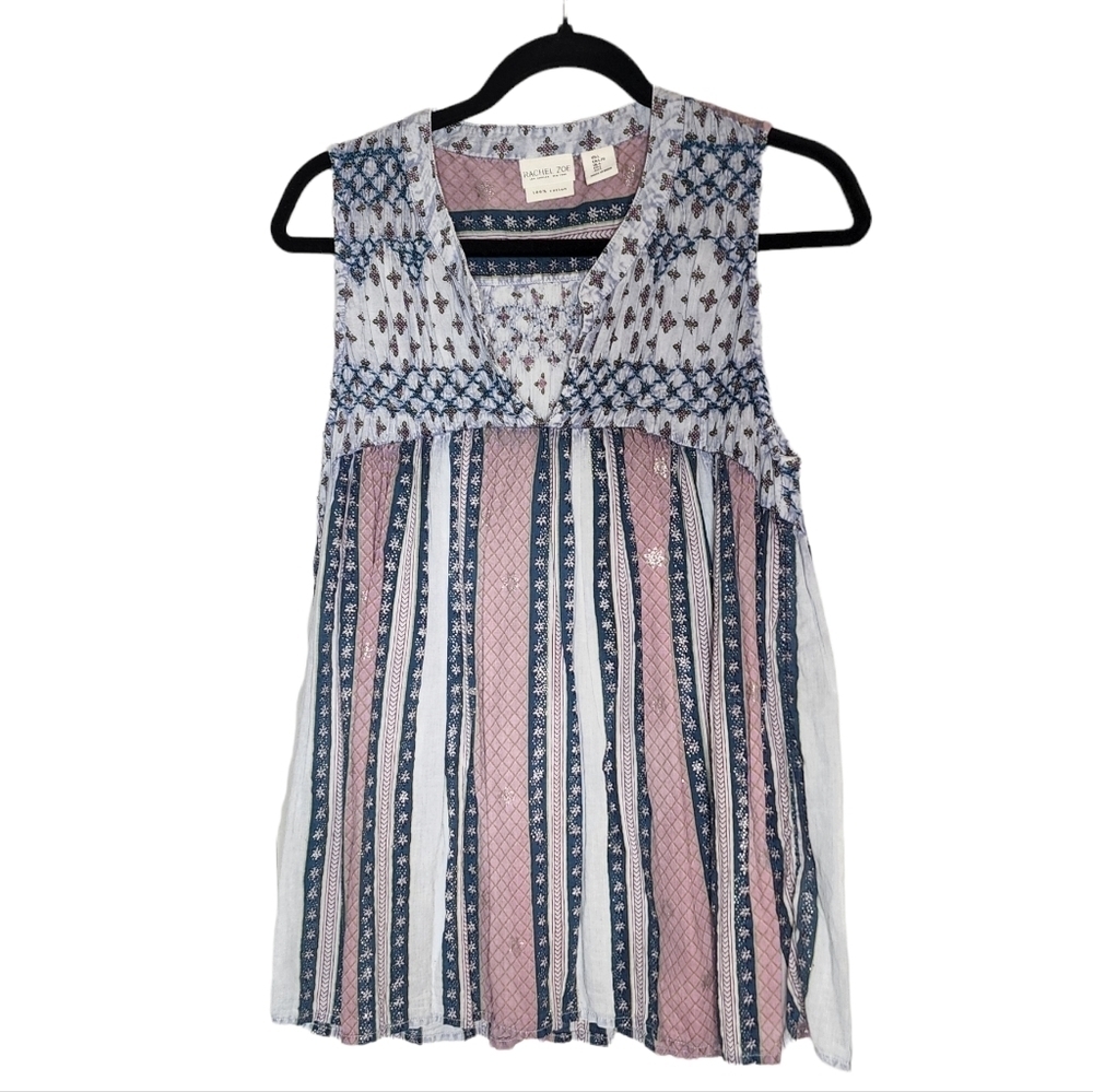 Rachel Zoe 100% Cotton Smocked Sleeveless Blouse Top Blue Pink Floral Large